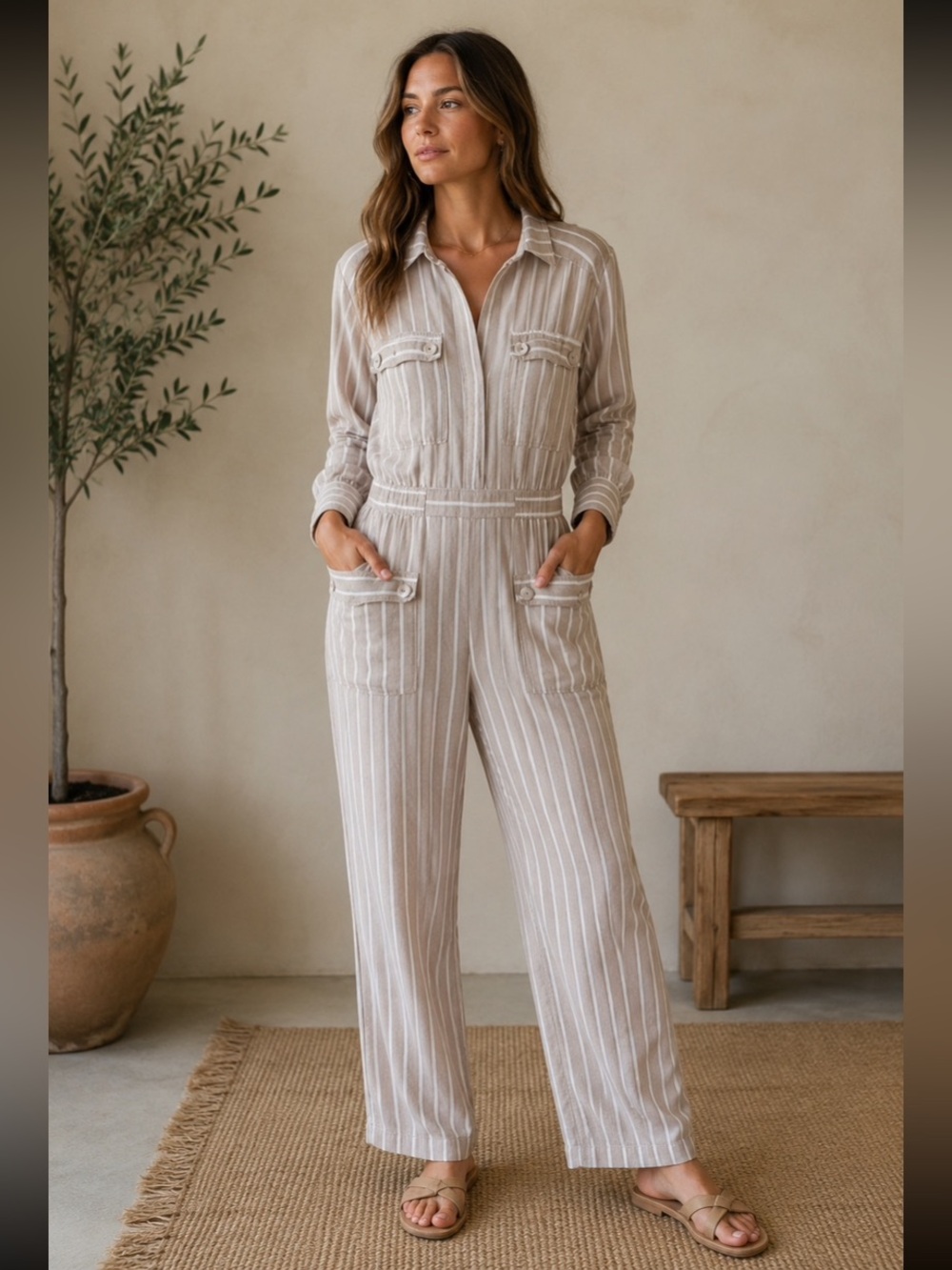 Happy x Nature Kate Hudson Striped Jumpsuit Boiler Suit Sz L Neutral Minimalist